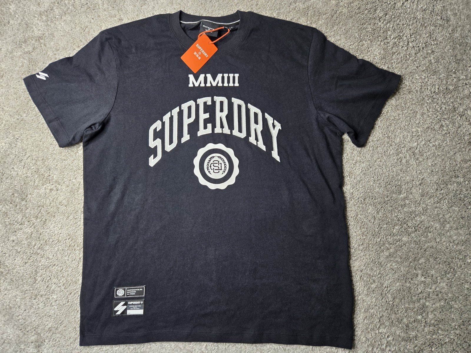 SUPERDRY T Shirt Size Large Color Black Varsity Style Logo Embroidered NWT!