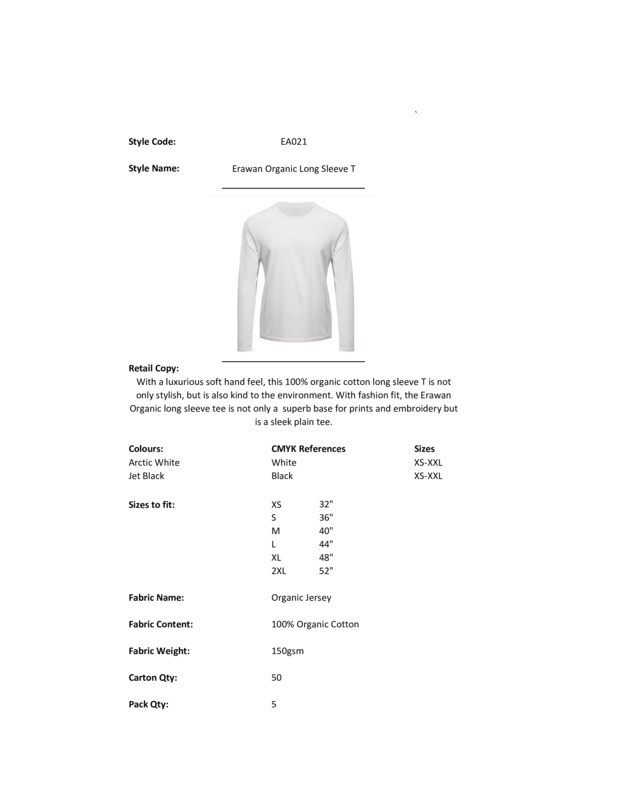 AWDis Ecologie Erawan Organic Long-sleeve Tee EA021 – Crew Neck Cotton Tee