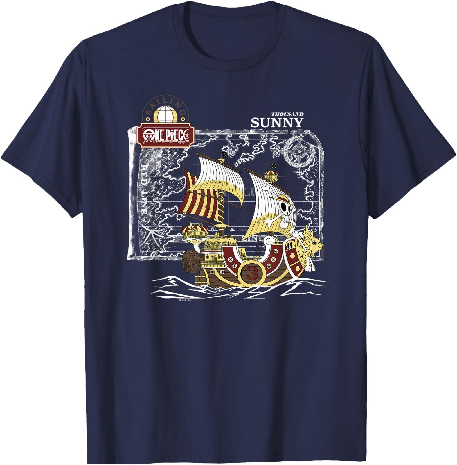 One Piece Anime Thousand Sunny Ship with Map and Logo T-Shirt