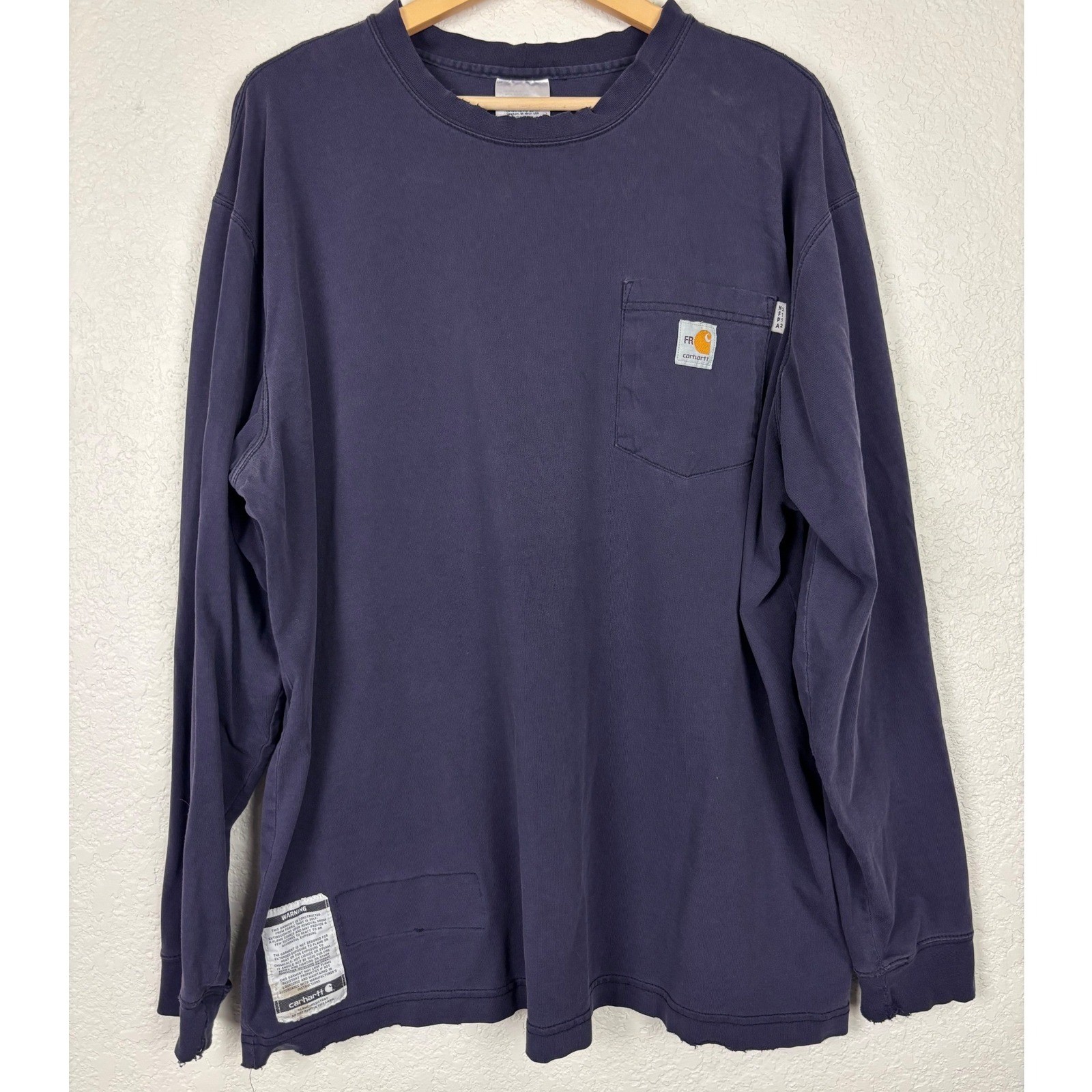 Carhartt FR Flame Resistant Long Sleeve Pocket T-Shirt Navy Blue Distressed Mens