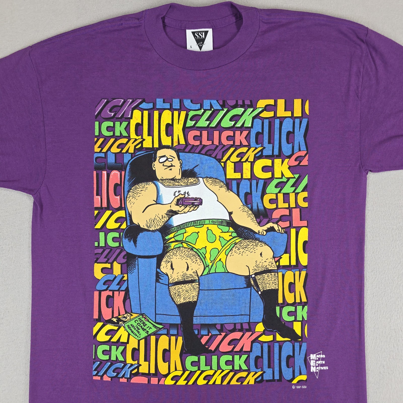 Vintage Cartoon Shirt Mens Large Purple Click Multicolor Spellout Couch TV Thin