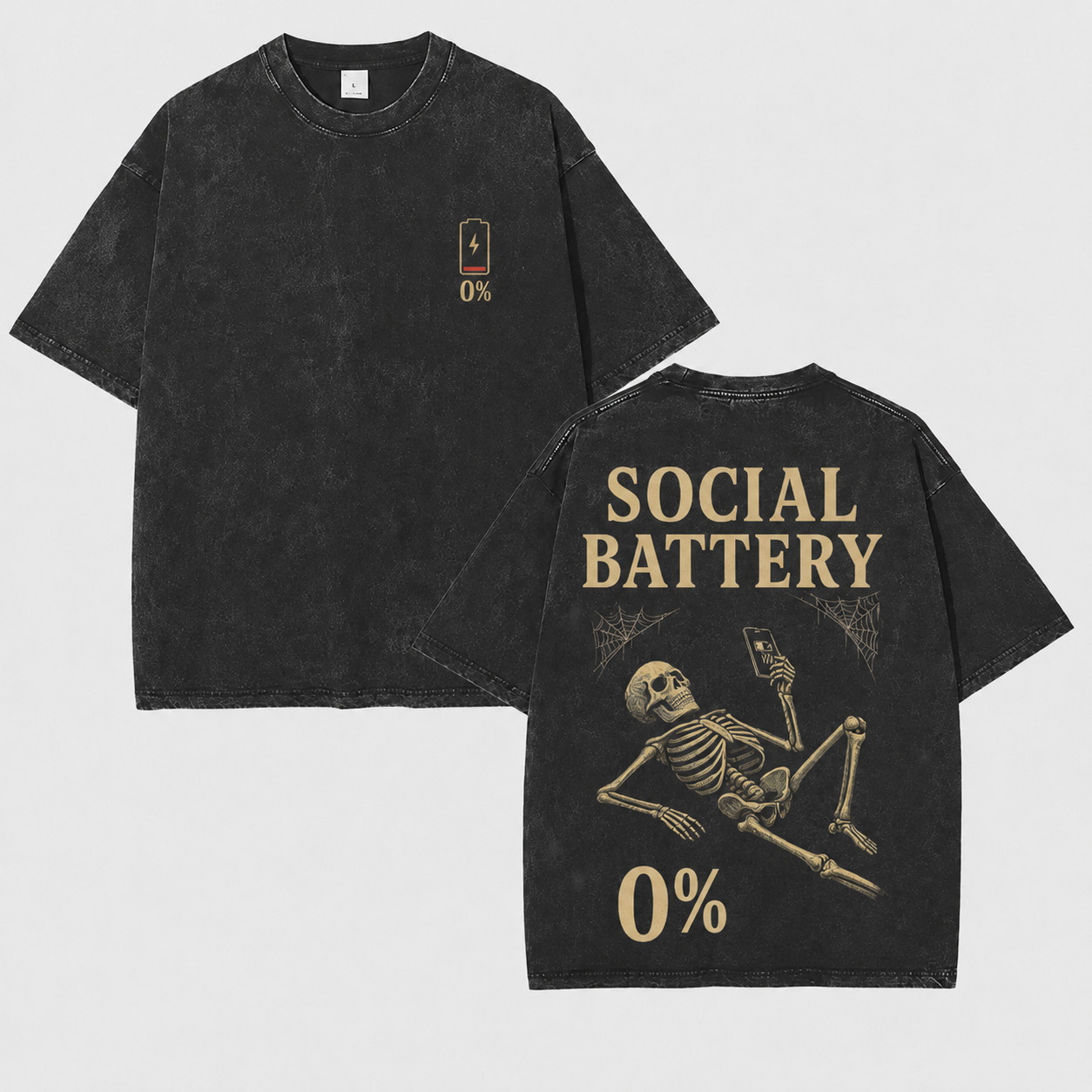 Social Battery 0% Skeleton Washed T-Shirt – Funny Introvert Halloween GraphicTee