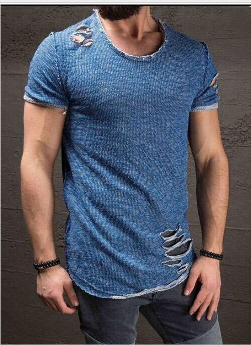 Men&rsquo;s Slim Fit O Neck Short Sleeve Muscle Tops Tee T-shirt Ripped Casual Blouse