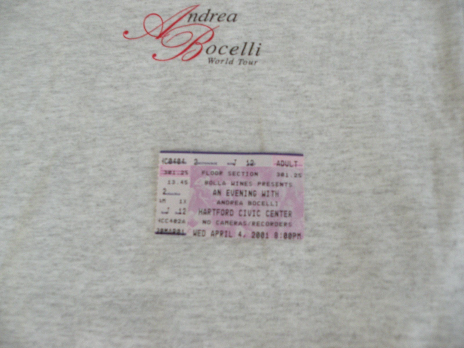 Andrea Bocelli Vintage 2001 World Tour Concert T-Shirt with Program and Ticket