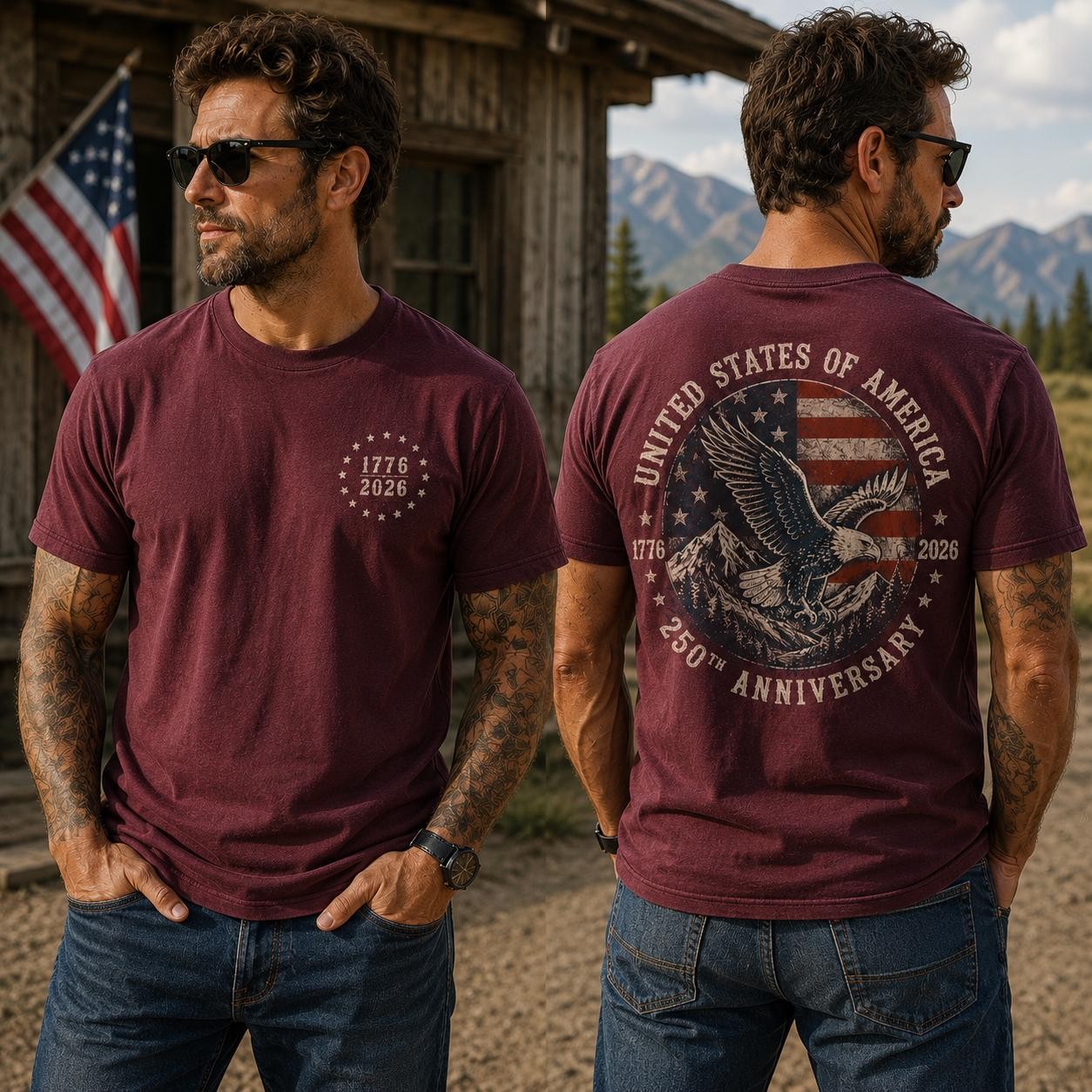 US 250th Anniversary Shirt 1776-2026 Patriotic Eagle 2-Sided Tee
