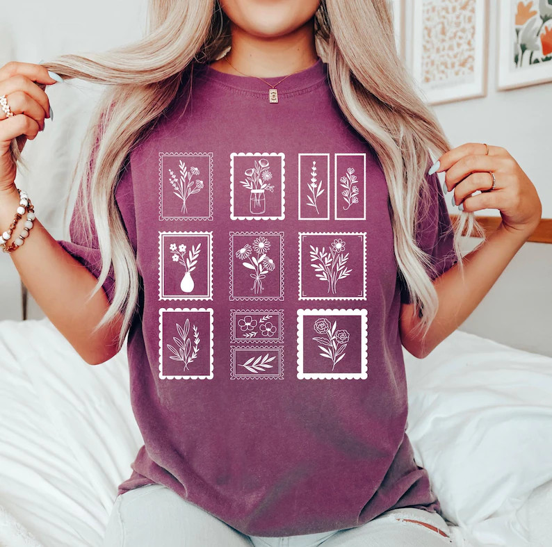 Comfort Tee Whimsical Flower Postage Stamp Shirt Vintage Style