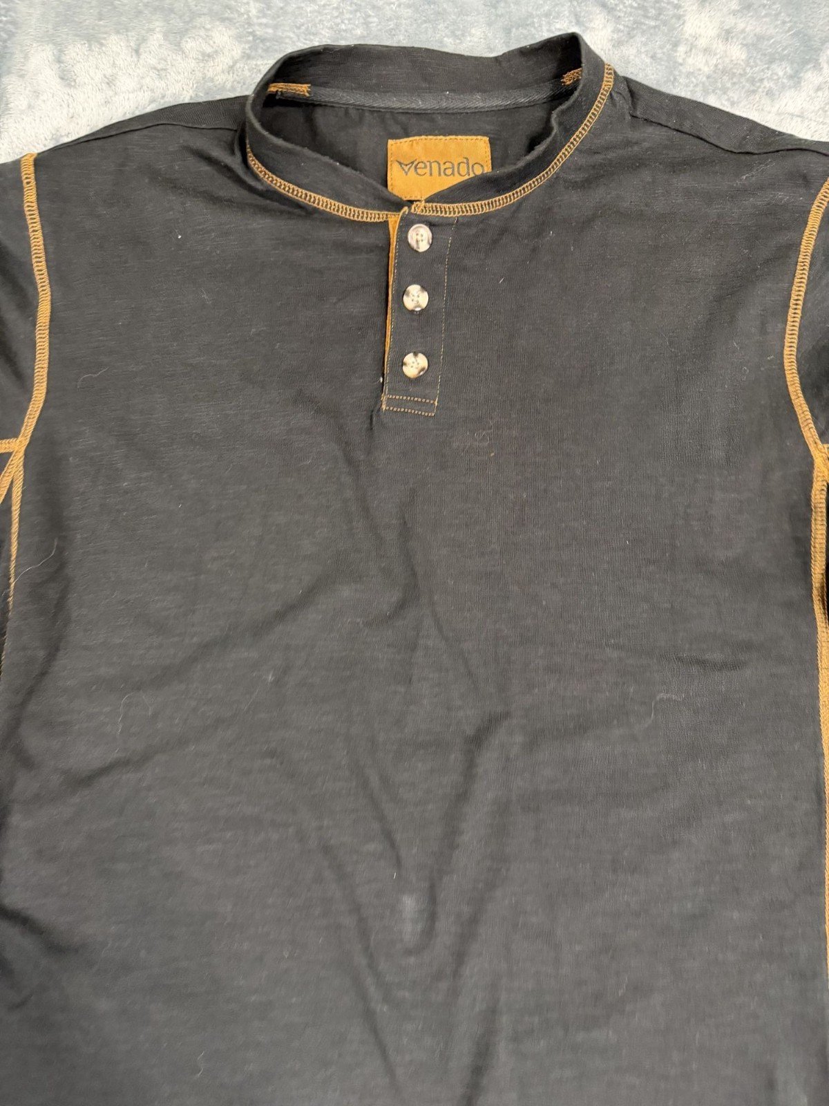 Venado Mens Long Sleeve Henley Shirt Black With Contrast Stitching Large