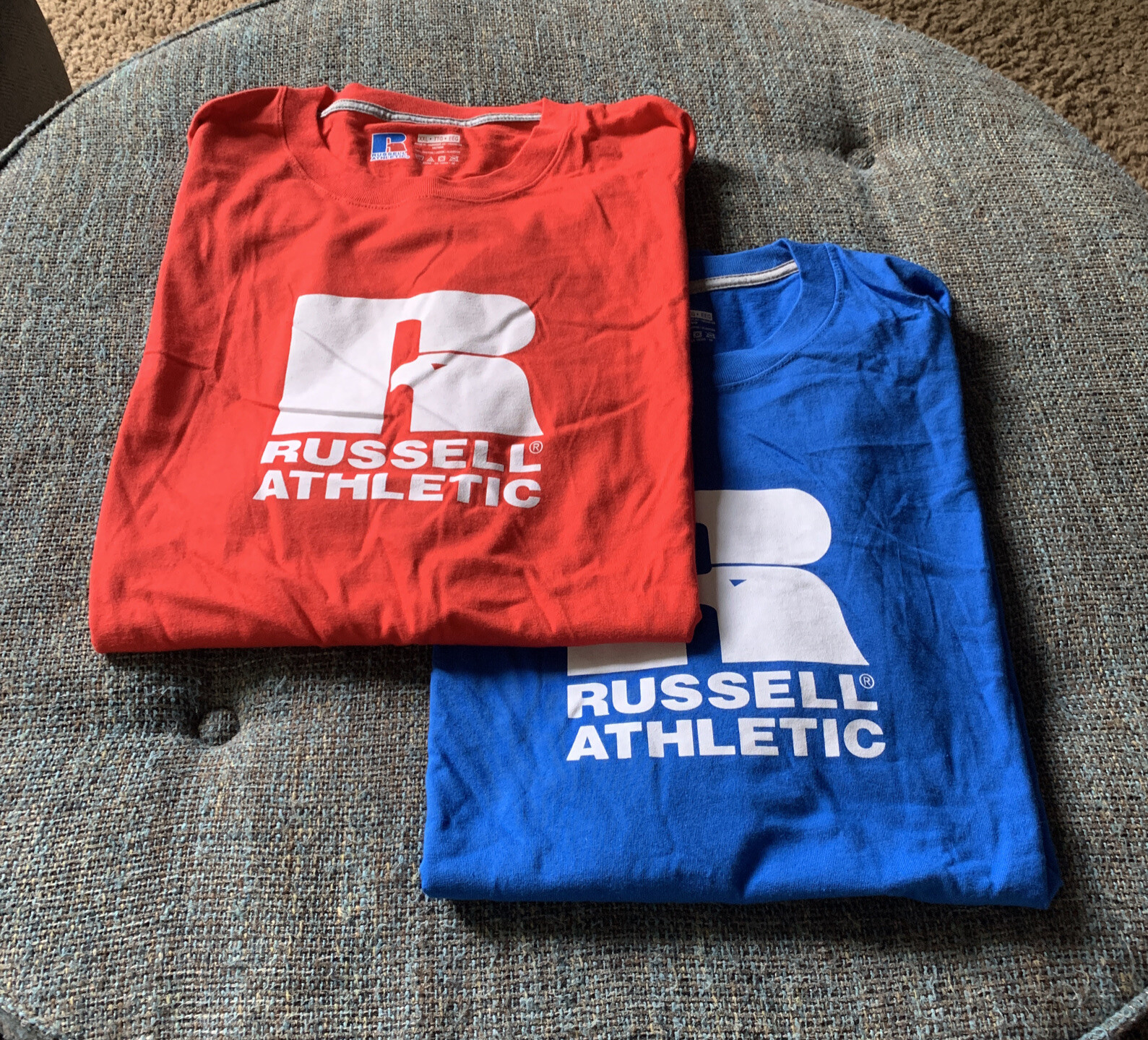 NWOT 2 Russell Athletic T Shirts Men&rsquo;s Size XXL 2XL Blue & Red Classic Logo A6