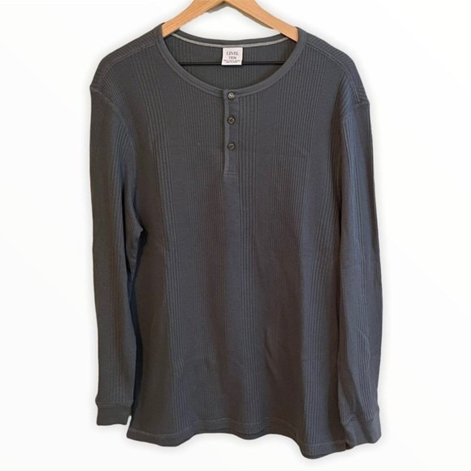Level Ten Mens XL Henley Shirt Charcoal Grey Waffle Knit Long Sleeve Ribbed Top