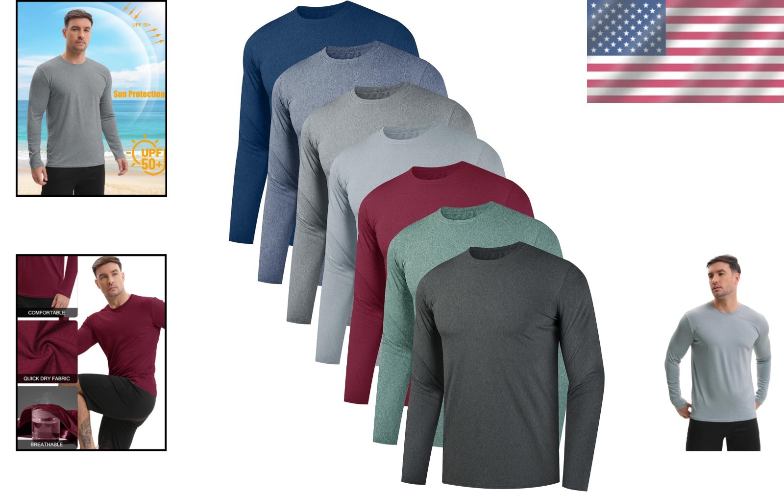 7 Pack Men&rsquo;s Quick Dry Long Sleeve Shirts Moisture Wicking UV UPF 50+ Sun Pro…