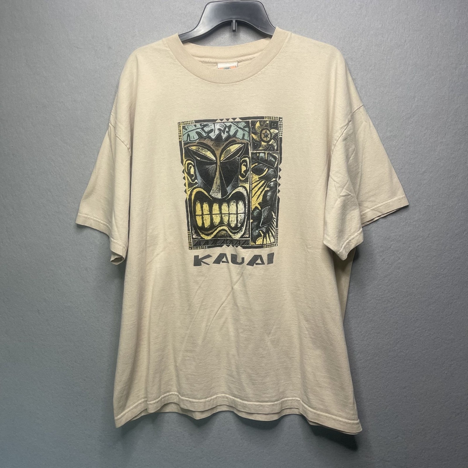 Vintage SGT LEISURE Kauai Tiki Graphic T-Shirt XXL Beige Cotton Made In USA