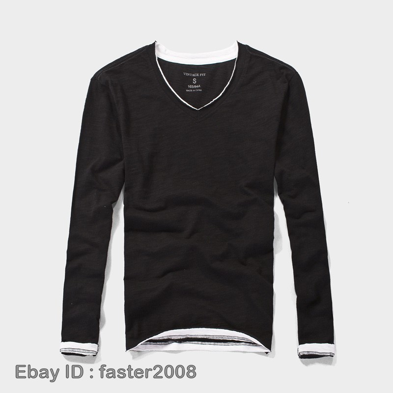Hot Mens Long-Sleeved T-Shirts New Cotton V-Neck Solid Color Casual Slim Tops