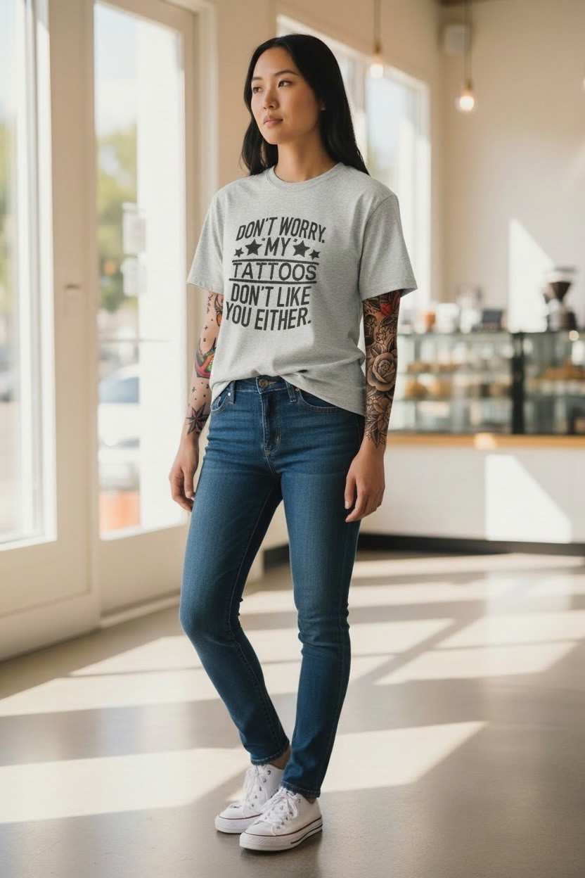 Port & Company &lsquo;Don&rsquo;t Worry My Tattoos Don&rsquo;t Like You Either&rsquo; Edgy Graphic Tee L