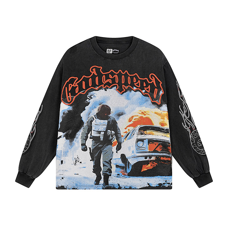 Men&rsquo;s Godspeed Street Retro Fashion Printed T-shirt with Washed Long Sleeves