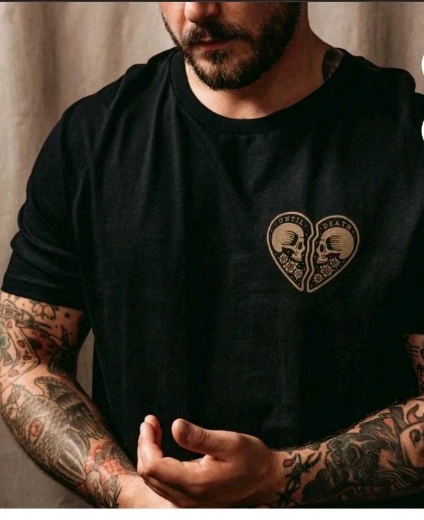 Gothic Black T-Shirt Until Death Emo Skull Heart Art Graphic Print Soft Unisex M