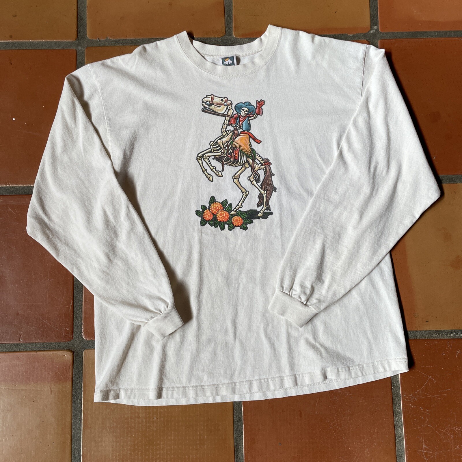 Cotton Deluxe Mens XL Made In USA Skeleton Cowboy On Horse Long Sleeve T-Shirt