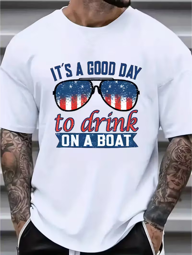 Plus Size IT&rsquo;S A GOOD DAY TO DRINK ON A BOAT Print T-shirt, Men&rsquo;s