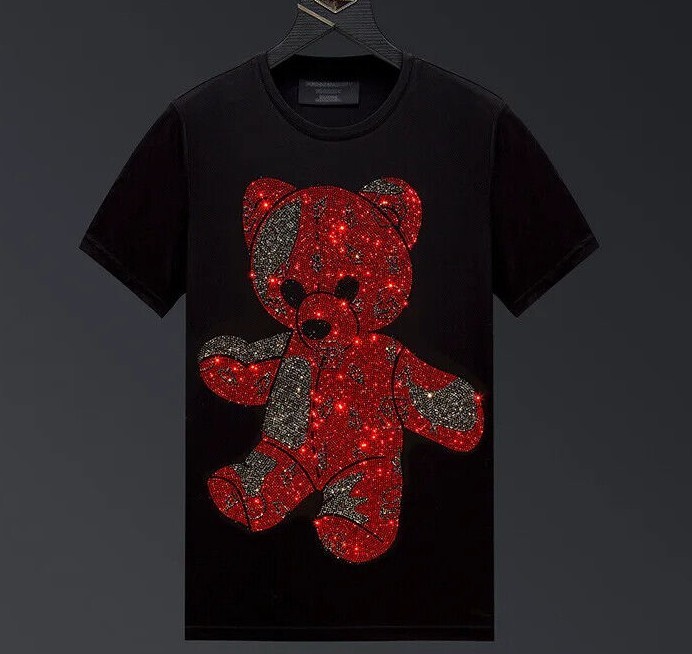 New Fashion Rhinestones Bear Diamond Short Sleeve Luxury Men Black T-Shirt