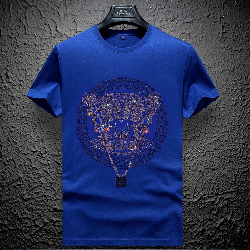 Men Fashion Trend Leopard Diamond Rhinestone Streetwear Summer Luxury T-Shirt