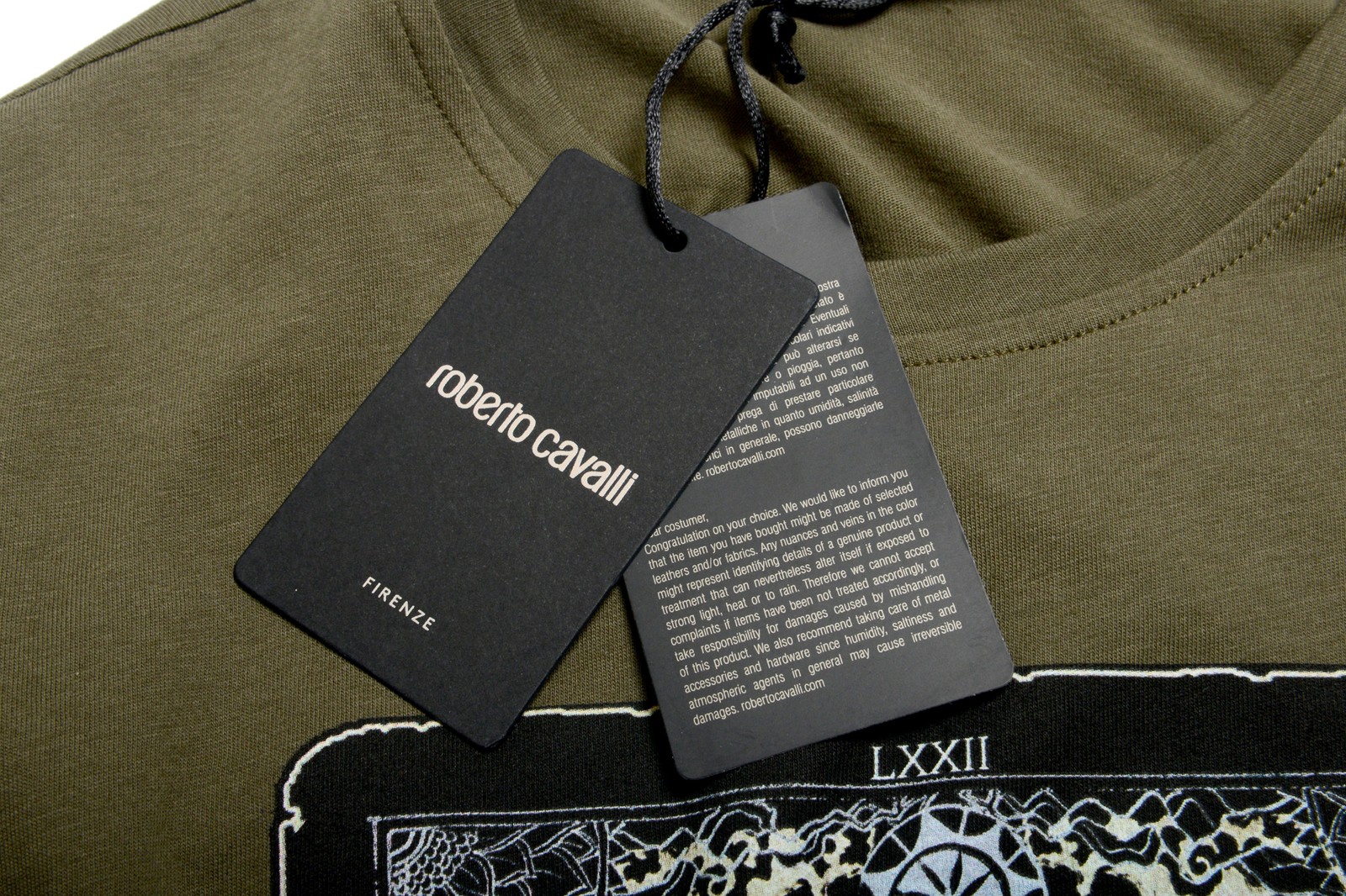 Roberto Cavalli Men&rsquo;s Olive Green Graphic Print Crewneck T-Shirt US M IT 50