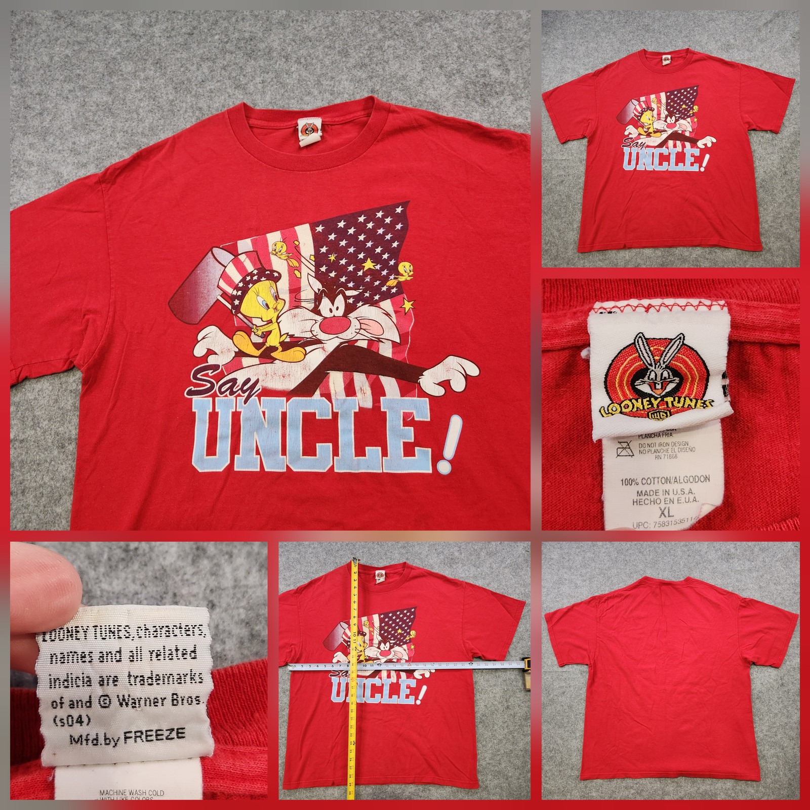 VTG Looney Tunes T Shirt Mens XL Tweety Sylvester Say Uncle Patriotic USA 90s