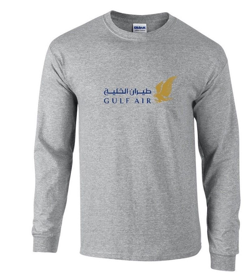 Gulf Air Blue Gold Logo Bahrain Airline Sport Gray Long Sleeve Cotton T-shirt