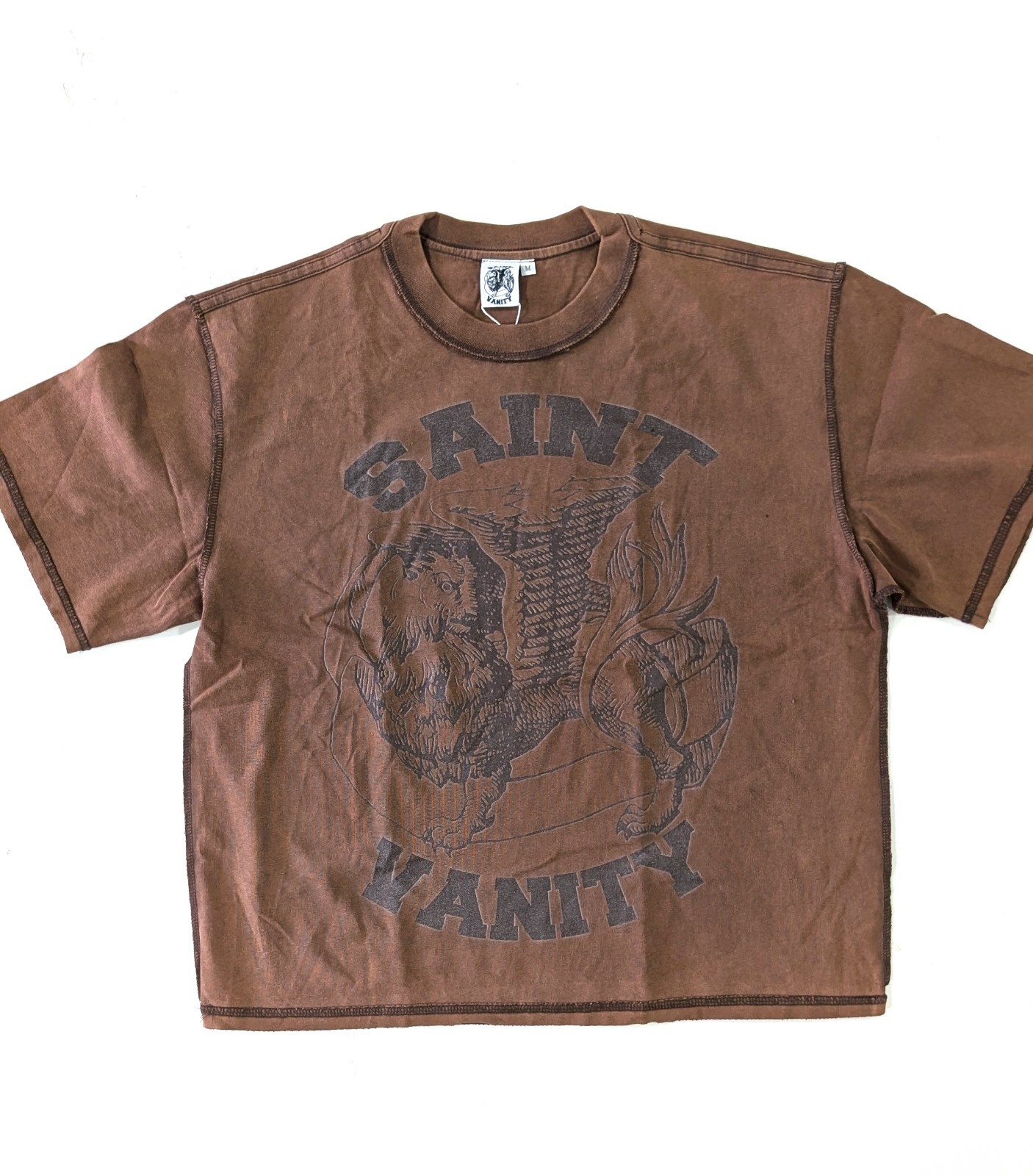 SAINT VANITY Mens T-Shirt Brown M Vintage Griffin Faded Graphic Boxy Raw Hem NWT