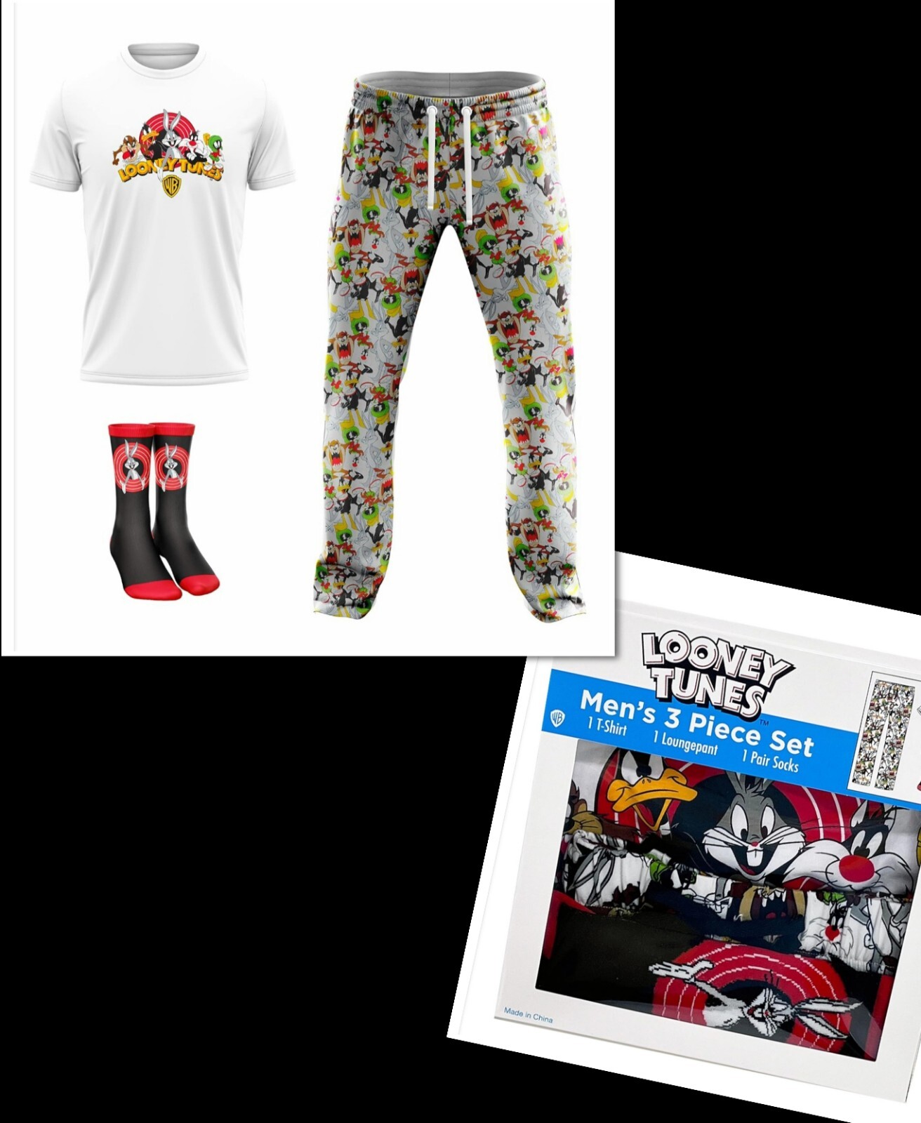 WB LOONEY TUNES 3 PIECE MEN&rsquo;S SET (T-shirt, Loungepant & 1 pair socks) SZ XL