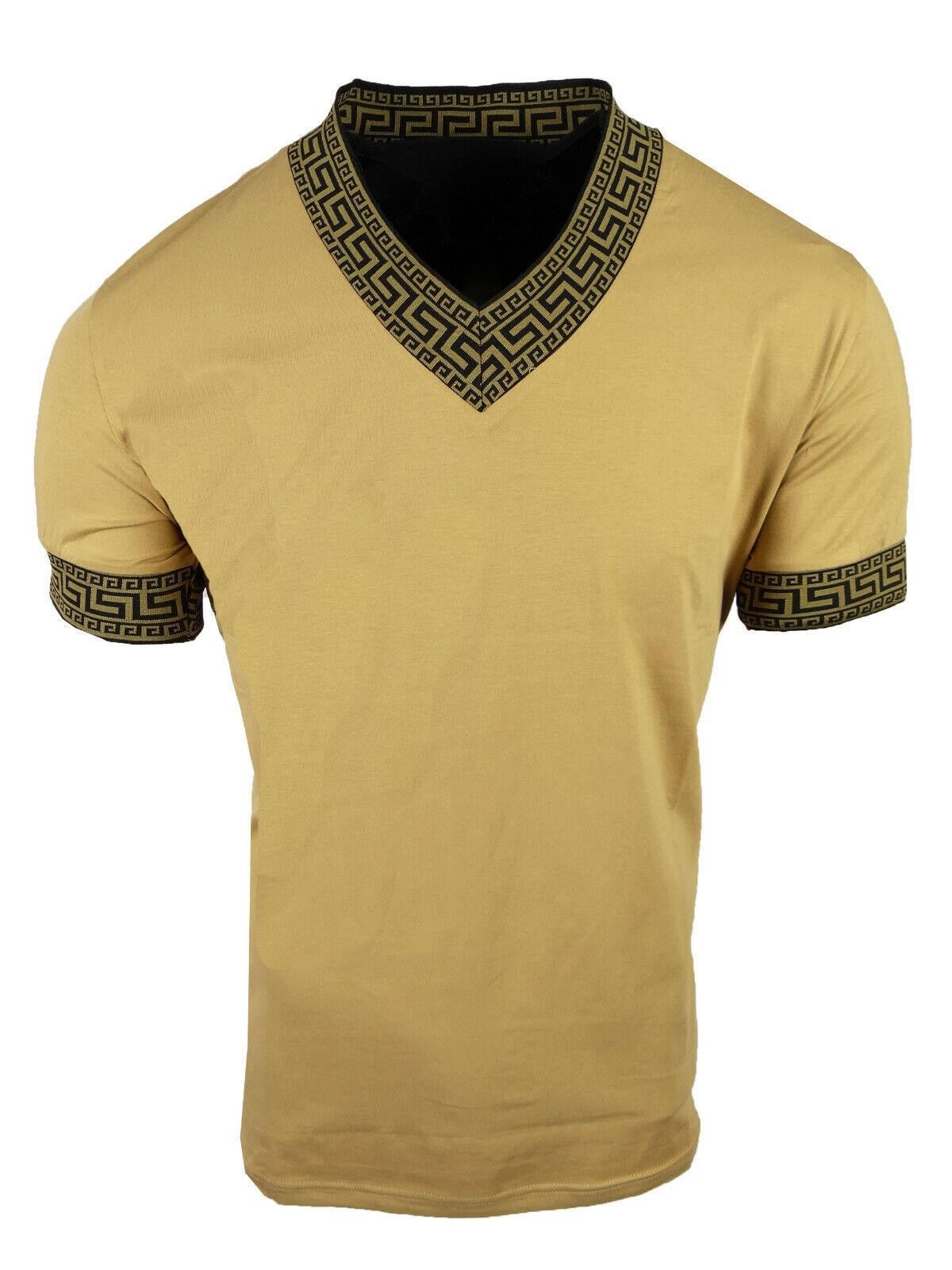 Mens T- Shirt NEW Luxury Wide Collar V-Neck Italian Stripe Slim Fit Stretch Golf