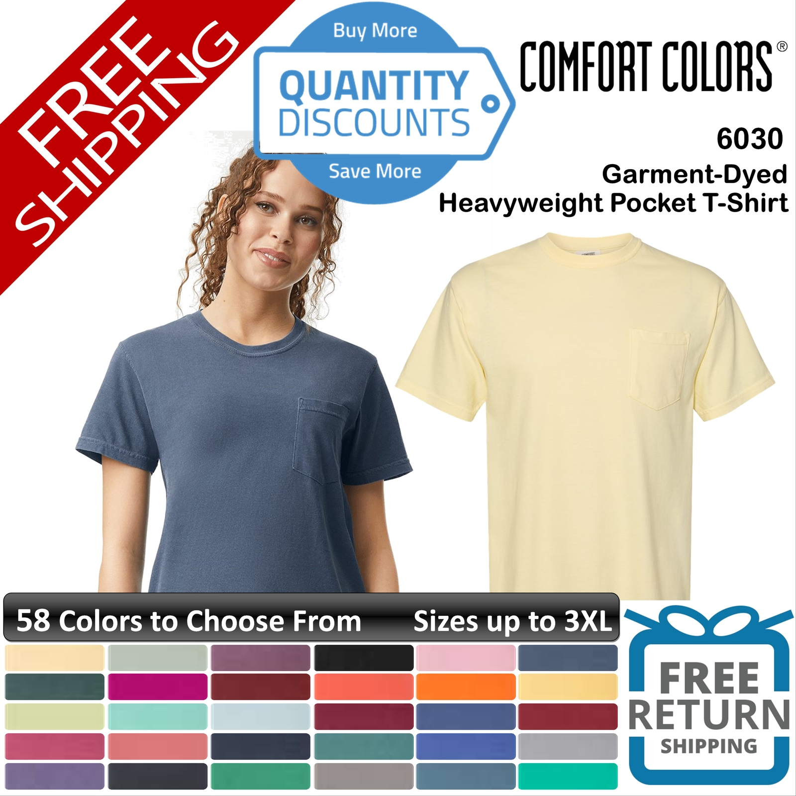 Comfort Colors Men Garment-Dyed Heavyweight Pocket T-Shirt Up To 3XL 6030a