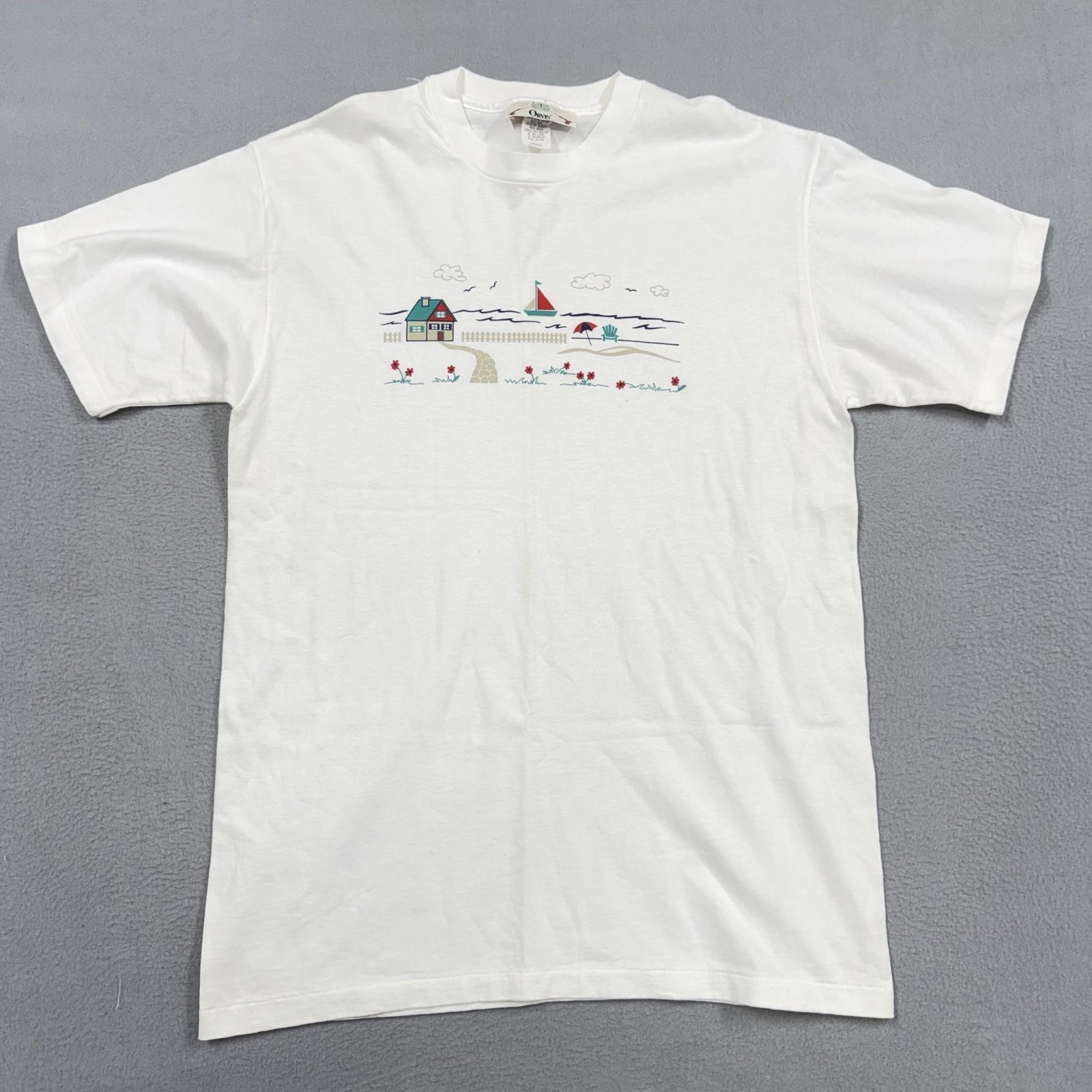 Vintage Orvis Shirt Mens Large White Beach House Sailboat Graphic Tee Nautical