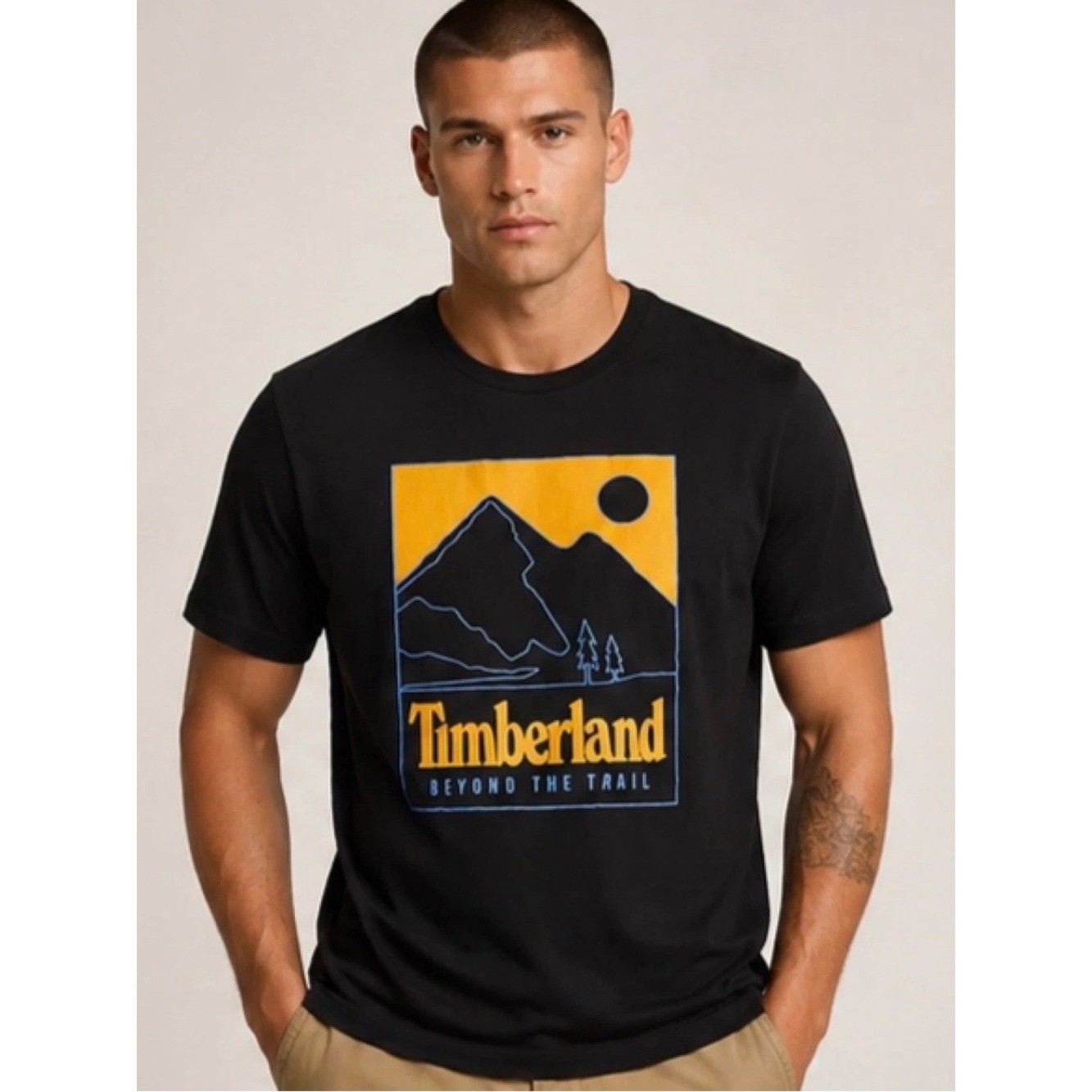 Timberland Black Short-Sleeve Tee with Yellow & Blue Mountain Graphic