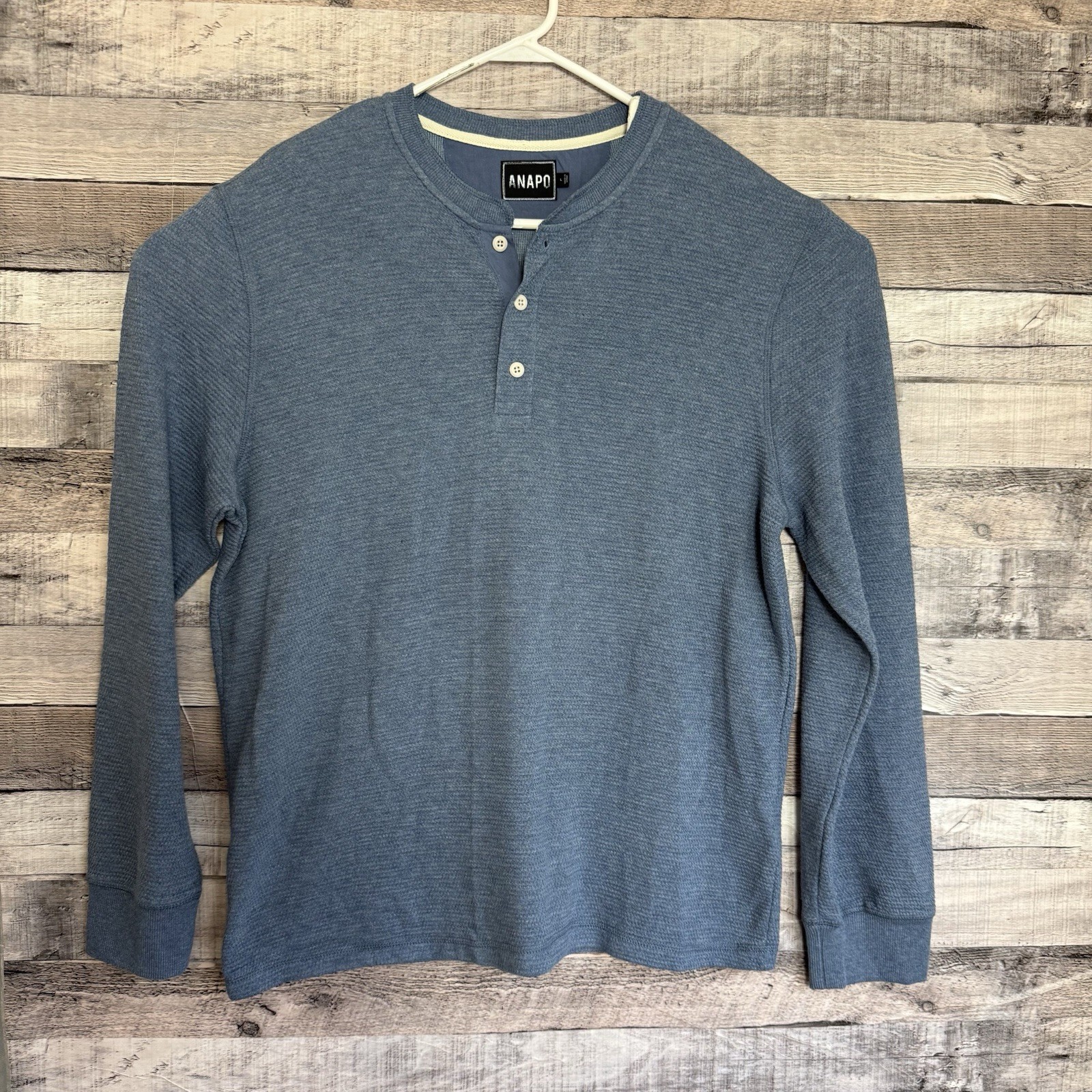 ANAPO Waffle Knit Henley Shirt Mens Large Blue Long Sleeve Thermal