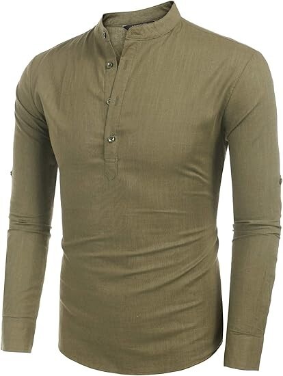 COOFANDY Men&rsquo;s Cotton Linen Henley T-Shirt Long Sleeve Hippie Casual Beach green