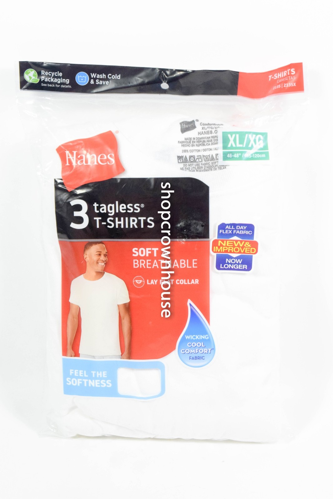 Hanes Mens White T-Shirts 3-Pack Lay Flat Collar Size XL 46/48 100% Cotton