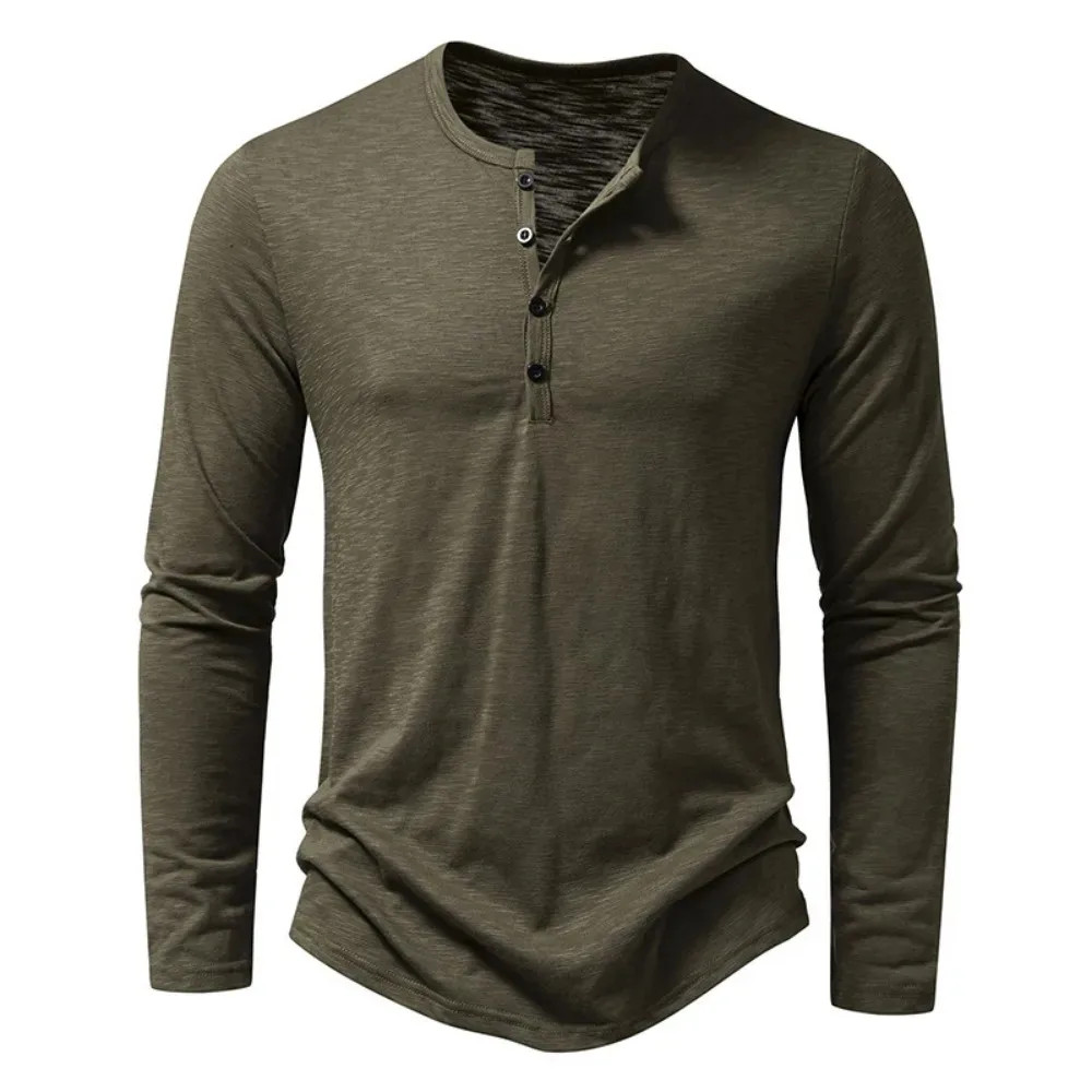 Autumn New Men&rsquo;s Cotton Button Long Sleeve Henley Neck T-Shirt Casual Solid