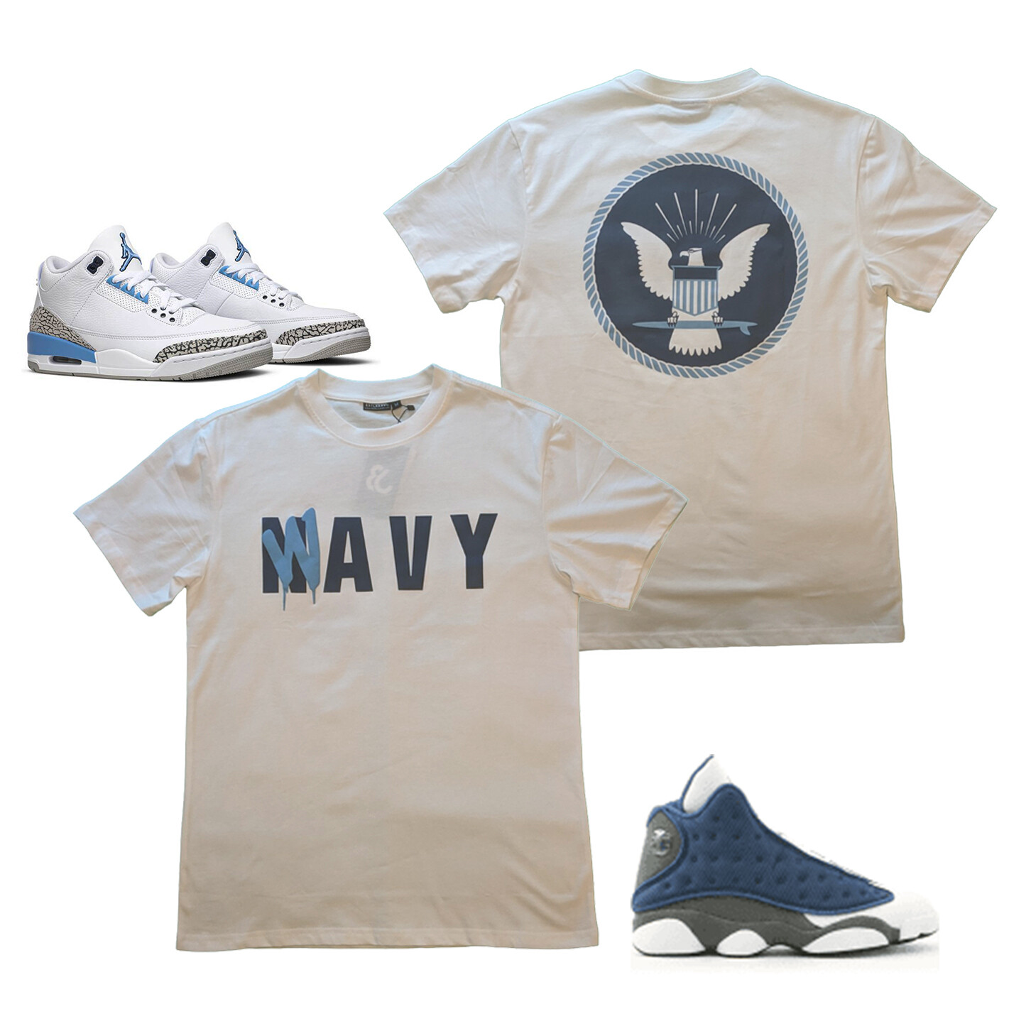 Tee to Match Air Jordan Retro 3 « UNC », White, Small-3XL Wavy Seal Flint 13&rsquo;s