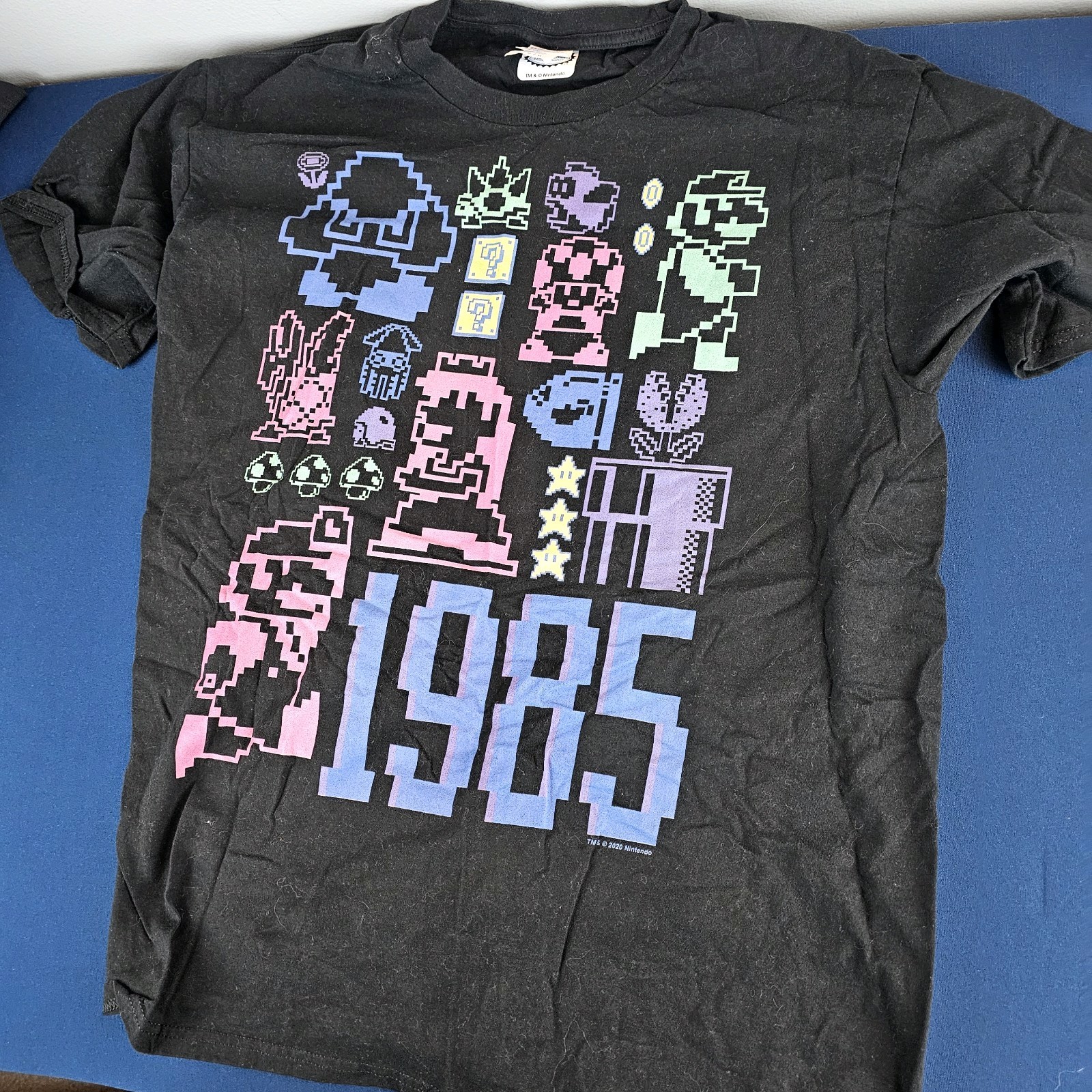 Nintendo Licensed Port and Co Large Balck T Shirt Mario Brothers 1985 Pixel Art