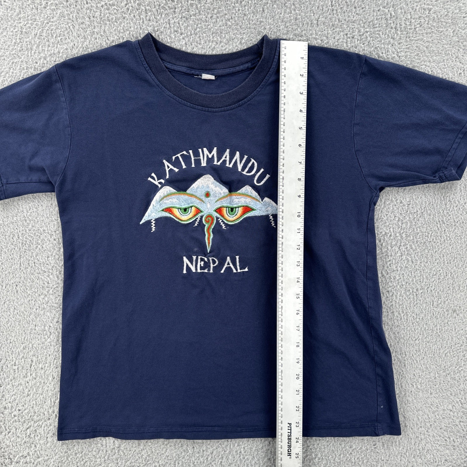 Vintage KATHMANDU NEPAL Embroidered Adult Medium Blue Short Sleeve Shirt 90s Y2K