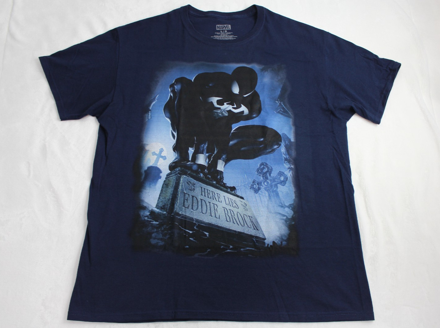 Mens Marvel L Large Spiderman Here Lies Eddie Brock Tombstone Shirt Symbiote