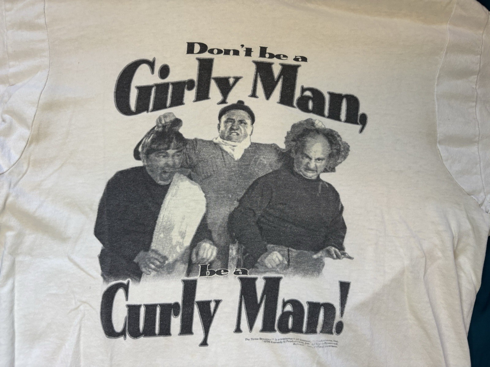 Vintage Three Stooges Shirt Mens Medium White Girly Curly Man 90s REPAIRED FLAWS