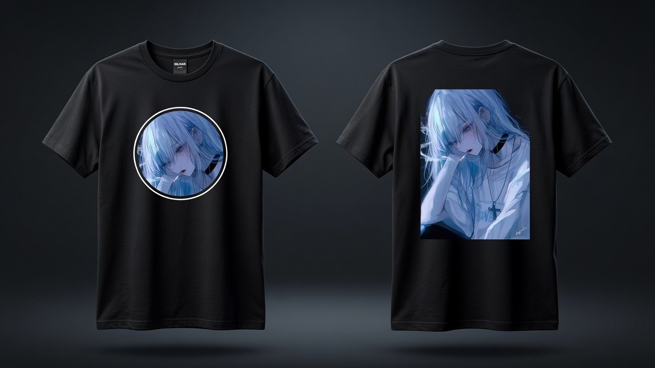 Blue Hair Anime Girl Cigarette Black Gildan T-Shirt Mood Tee