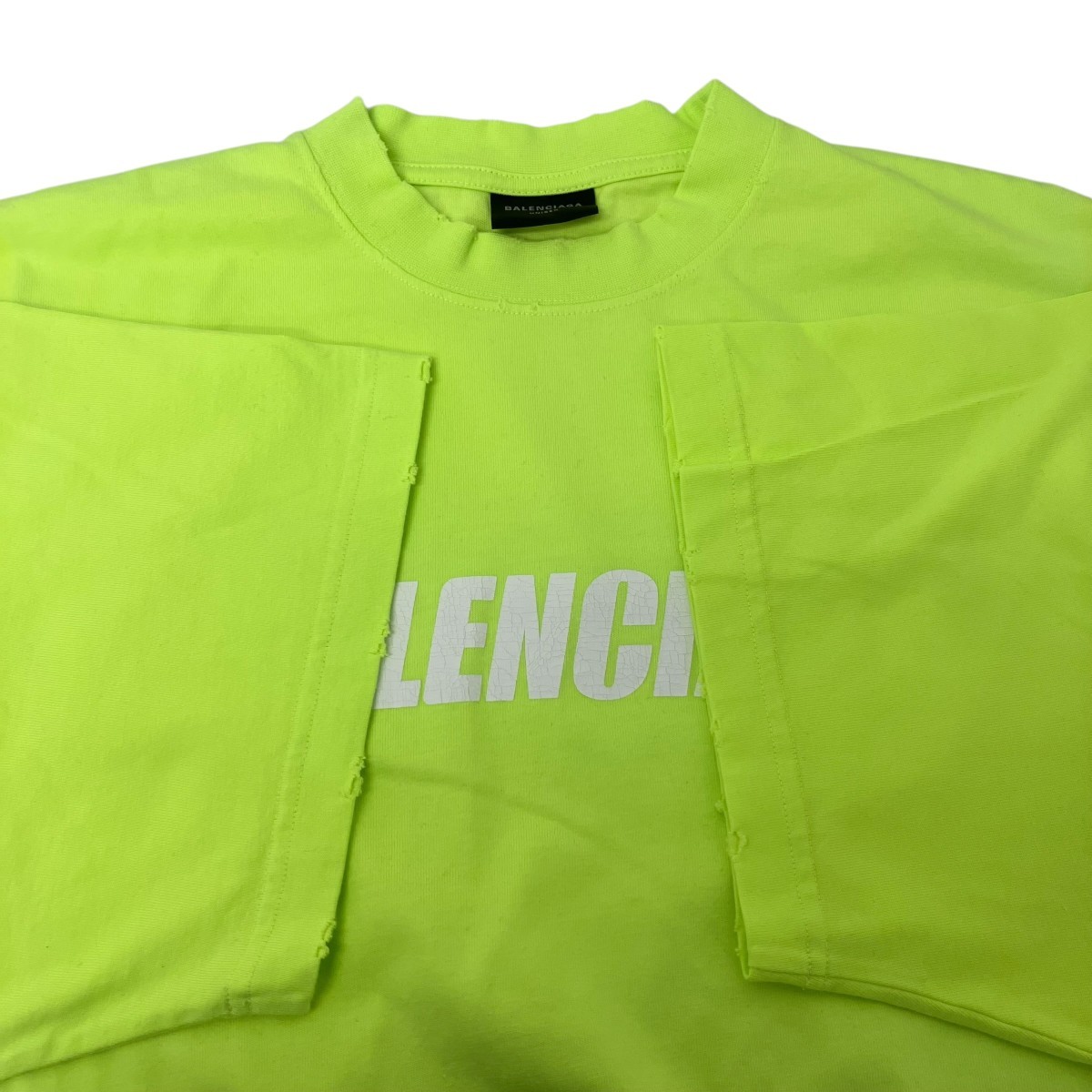 BALENCIAGA T-Shirt Yellow S Distressed Logo Print Oversized 6030