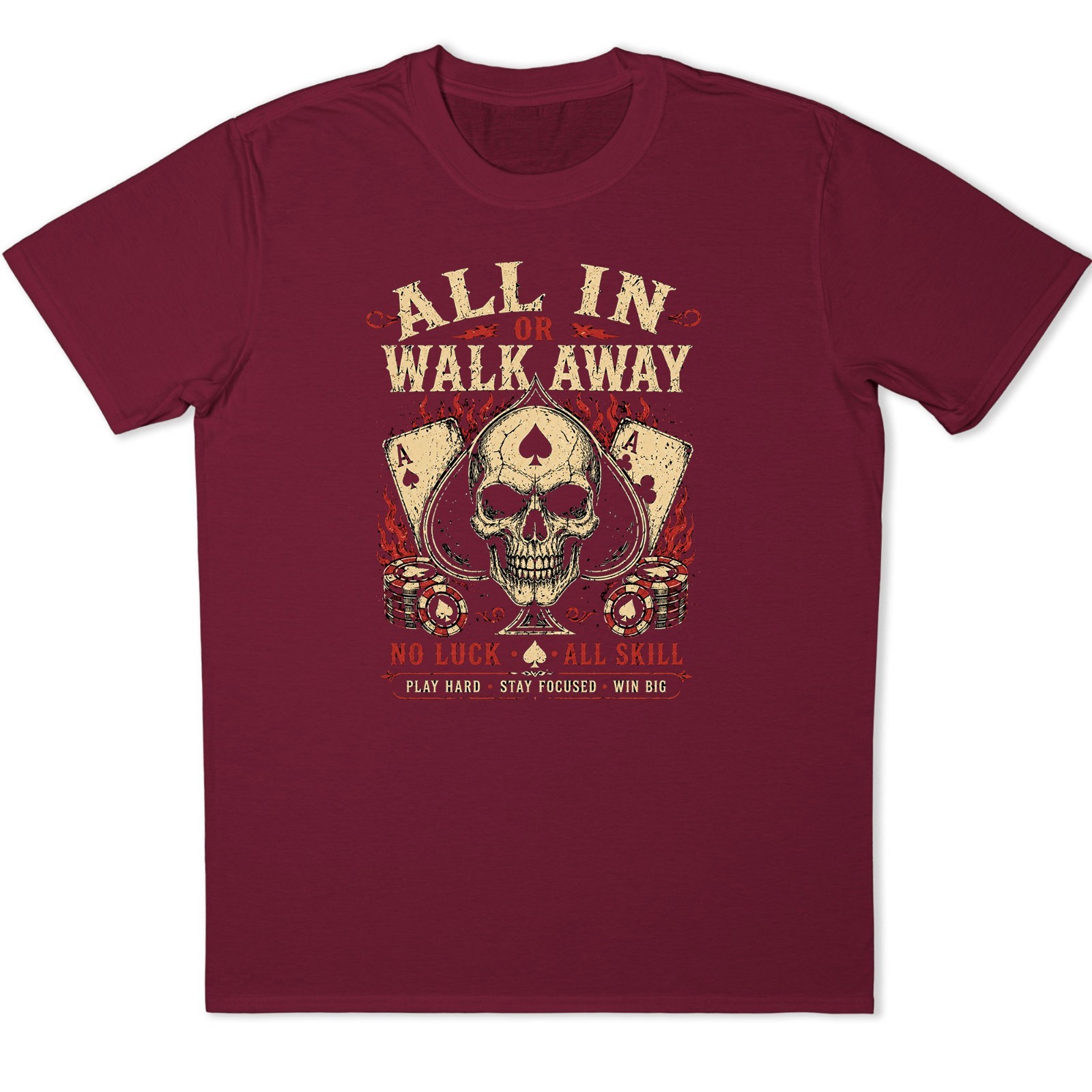Skull Poker All In Graphic Ace Spade Cards Gambling Casino Walk Away Flame Tee.