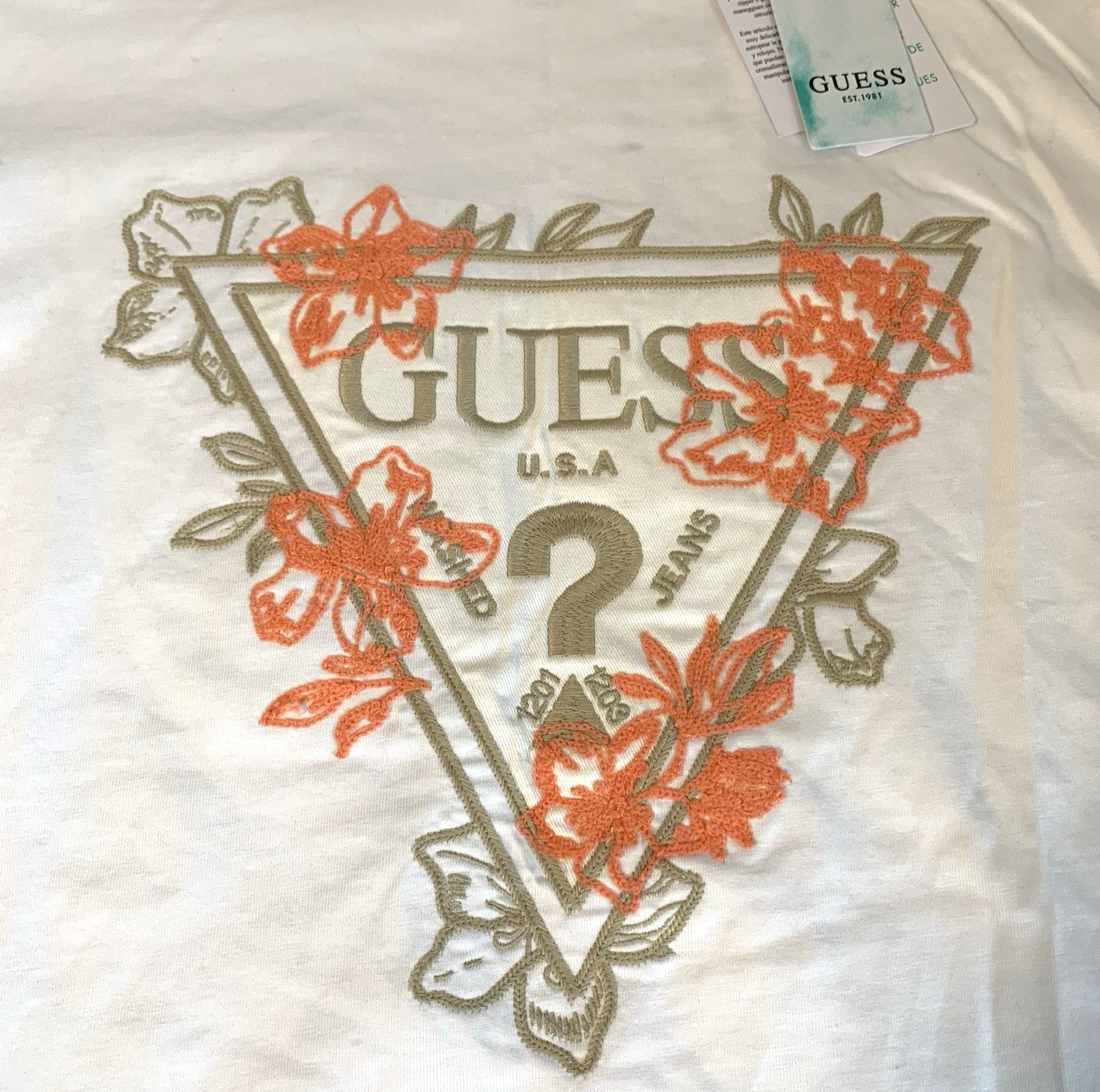 GUESS Jeans Men&rsquo;s Small S T-Shirt Triangle Logo Embroidered Floral White