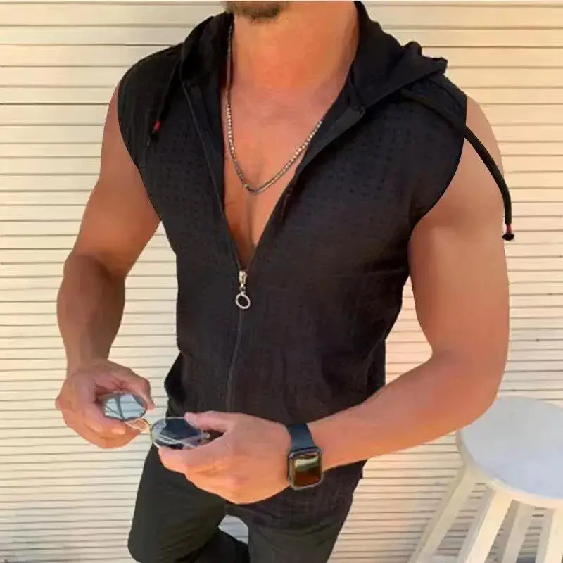2026 sleeveless hooded zipper cardigan T-shirt for men&rsquo;s summer new fashion
