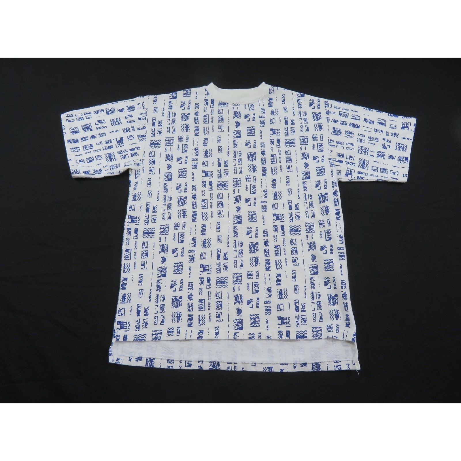 Off the Top All-Over Print T-Shirt White Blue Sz L 1980s