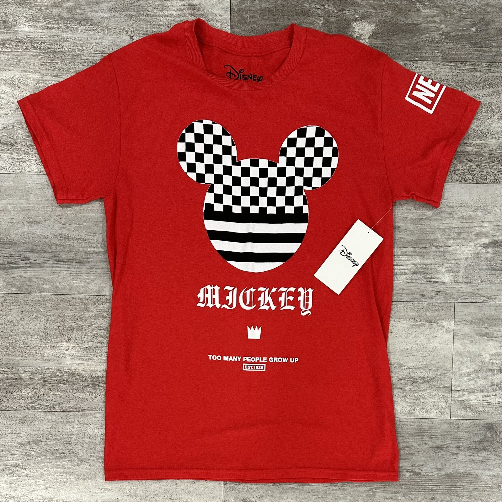 Disney Mens T-Shirt Red Logo Neff Mickey Too Many People Grow Up Size Small