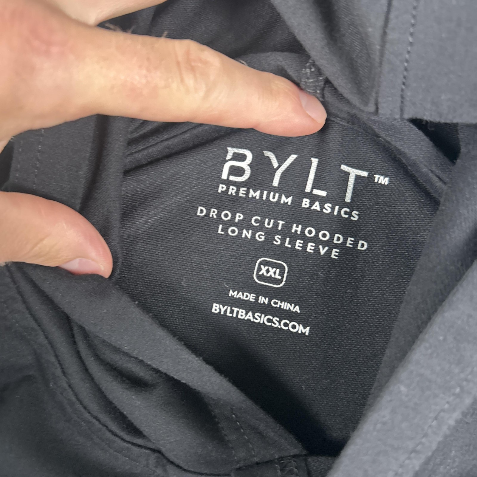 BYLT Shirt Mens 2XL Black Drop-Cut Hooded Long Sleeve Tee Tagless Lightweight