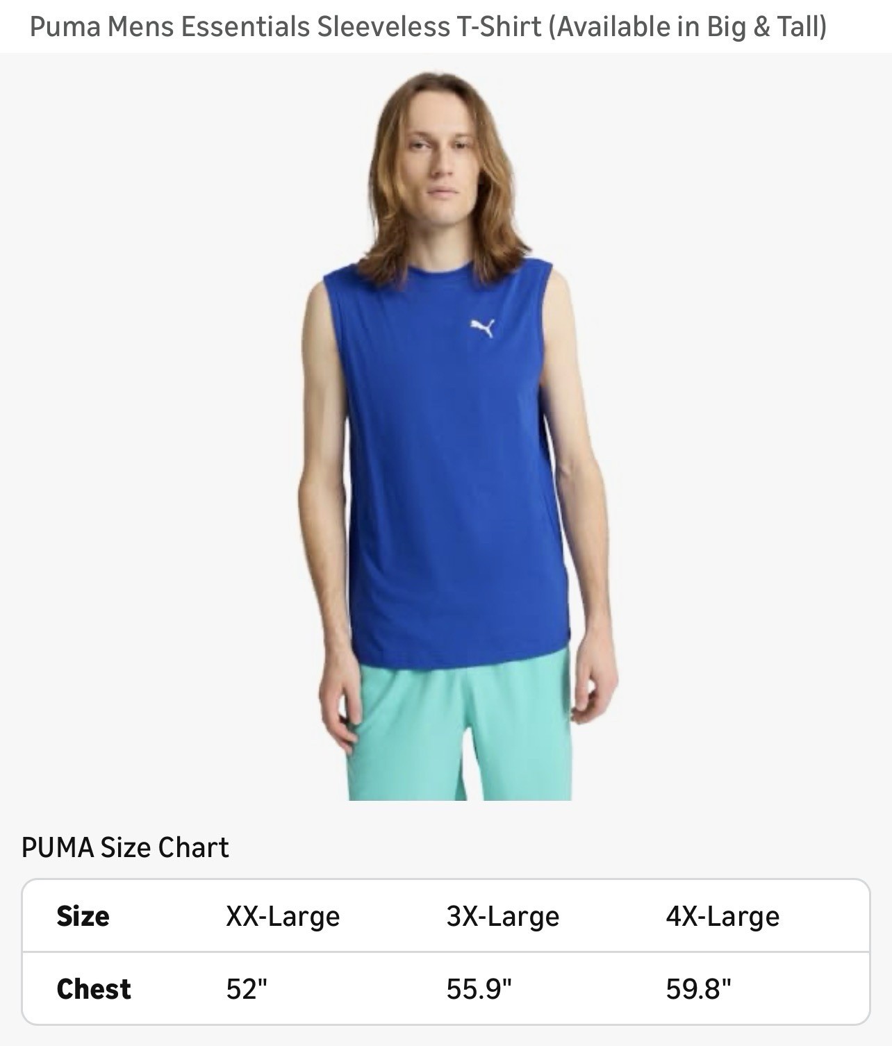 Puma Mens Essentials Sleeveless T-Shirt Tank Top Big & Tall Size 4XL Blue New